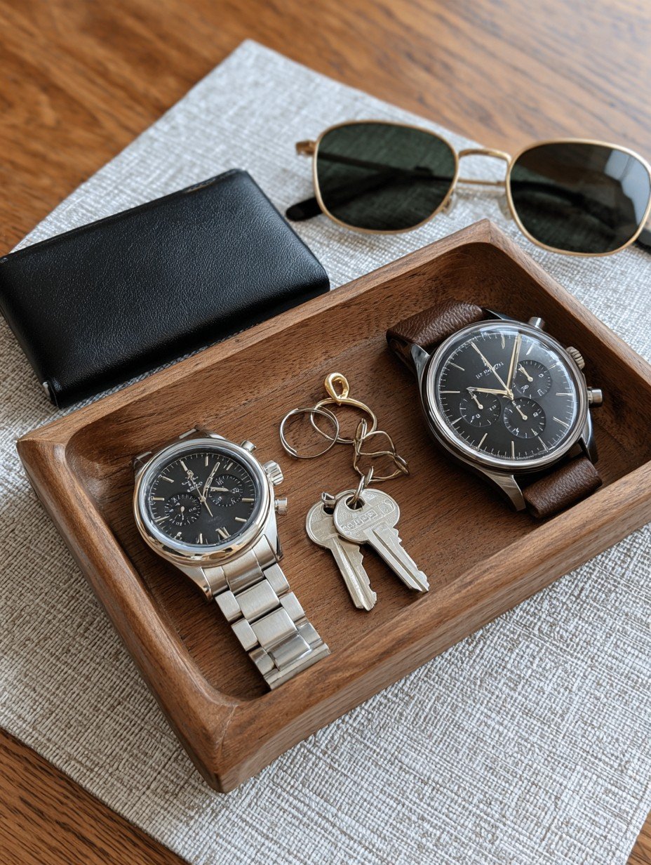 Two watches, one on a steel bracelet and one on leather, resting in a wooden valet tray with wallet, keys, and sunglasses, the daily carry done right