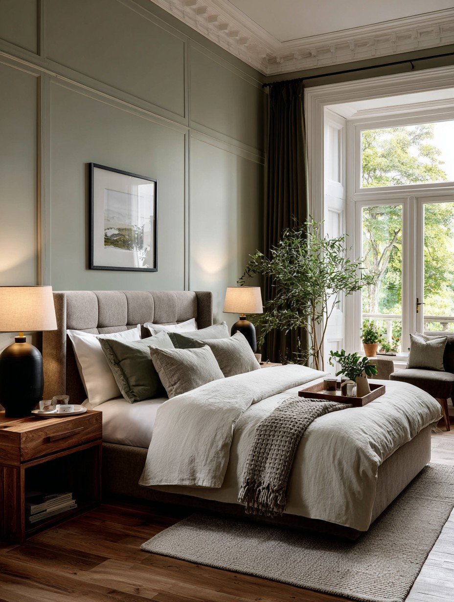 A serene king-size bed in warm neutral tones with crisp bedding, styled like a five-star hotel room