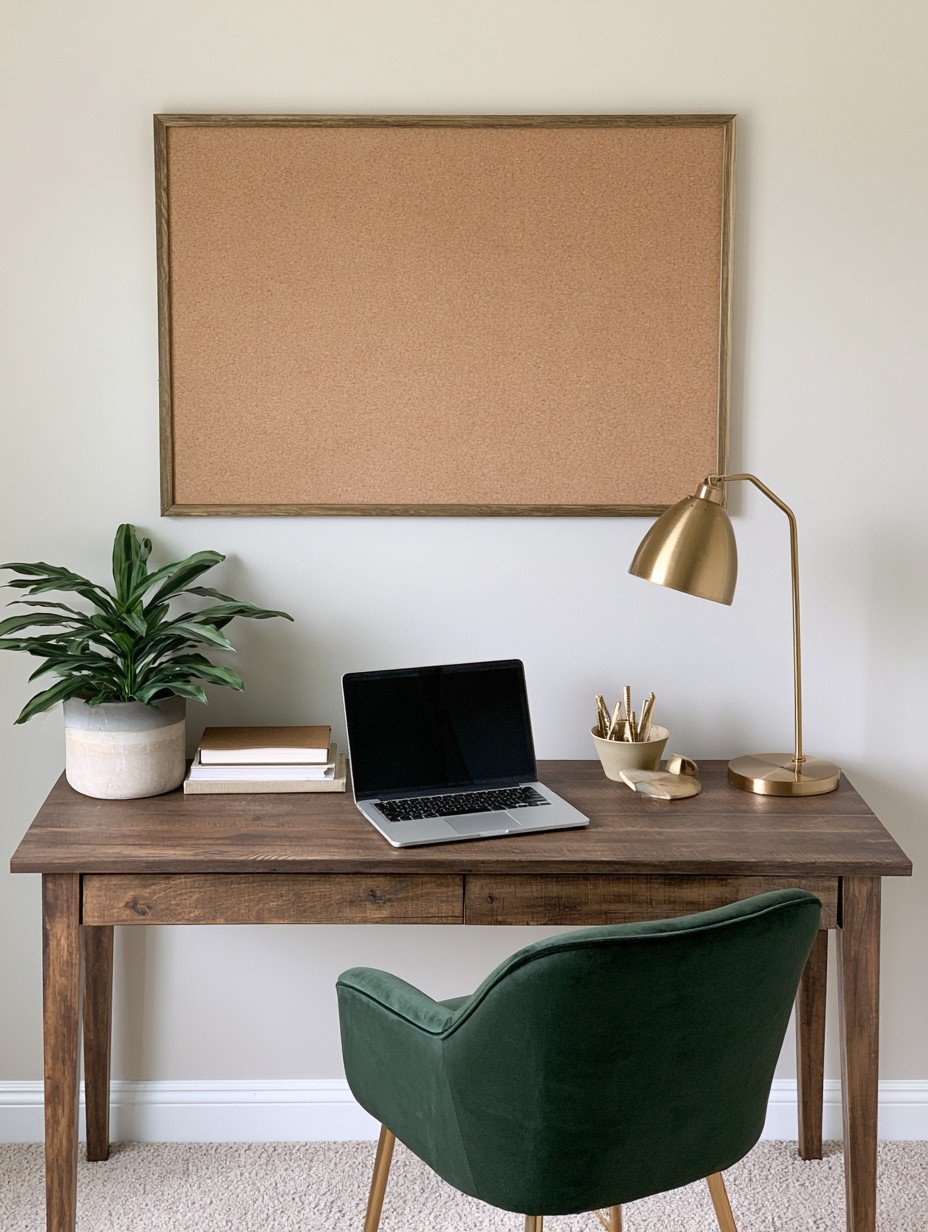 A tidy wooden desk with a laptop, planner, and cork board, a simple productivity setup that works under pressure