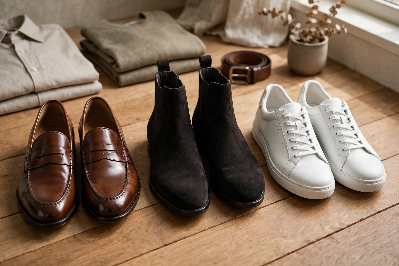 Brown leather loafers, dark suede Chelsea boots, and clean white sneakers arranged on a wooden floor