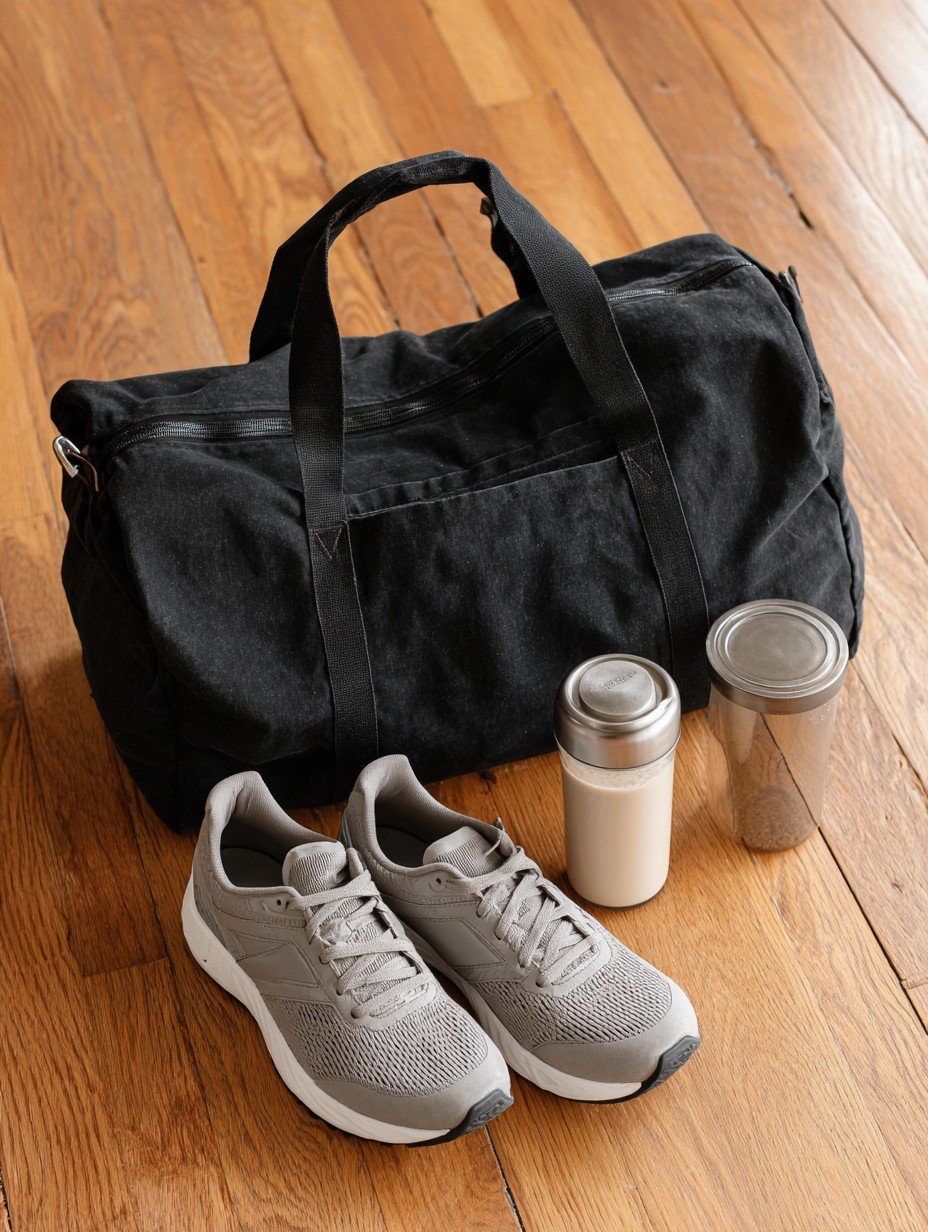 Black duffle gym bag with running shoes and a protein shake on a wooden floor