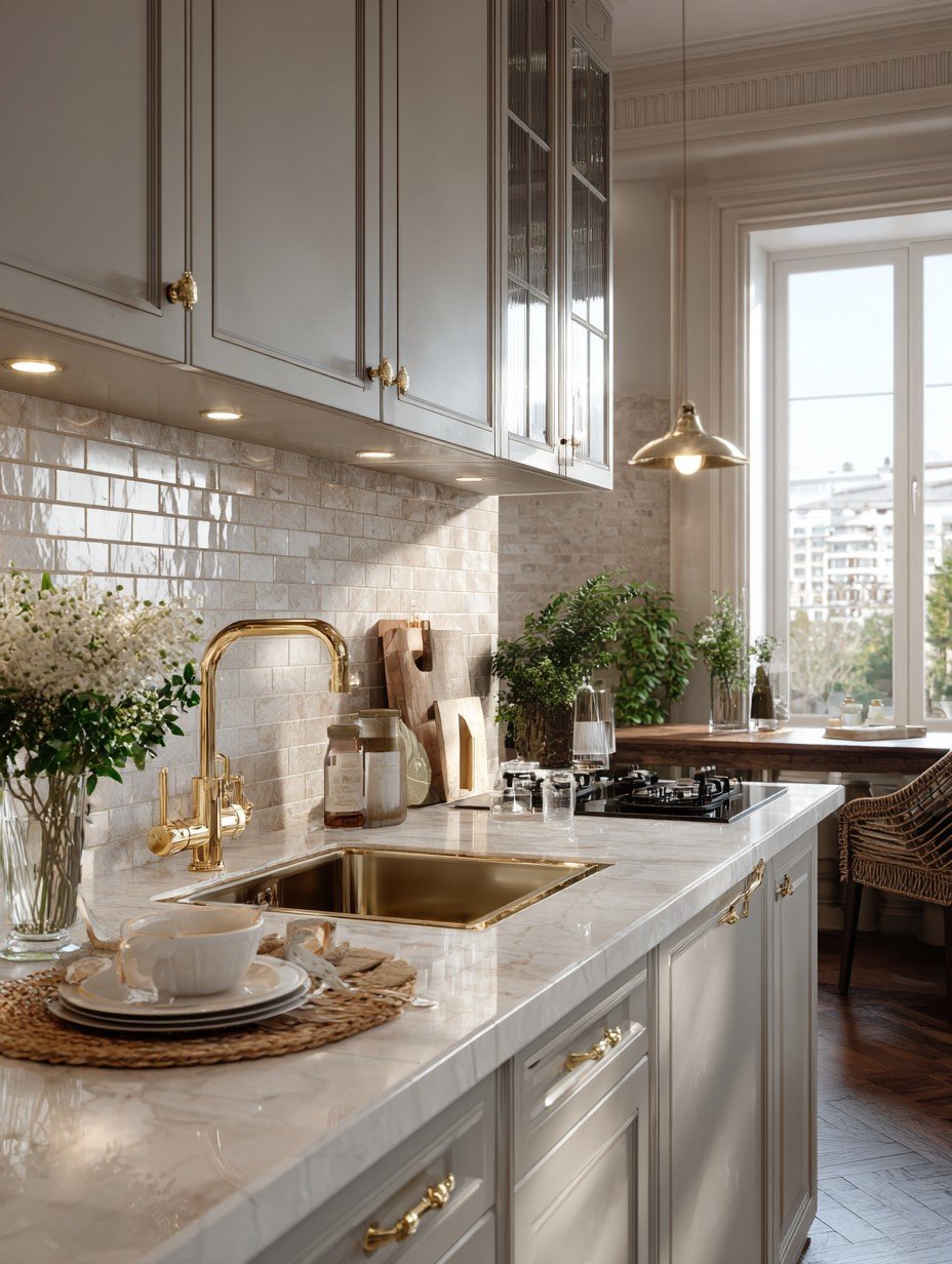 Elegant small kitchen with marble counters, brass fixtures, and soft daylight