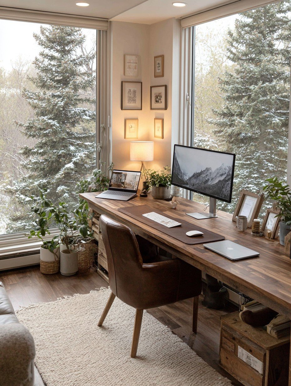 Wooden desk workspace with a monitor, leather desk mat, and plants by snowy windows