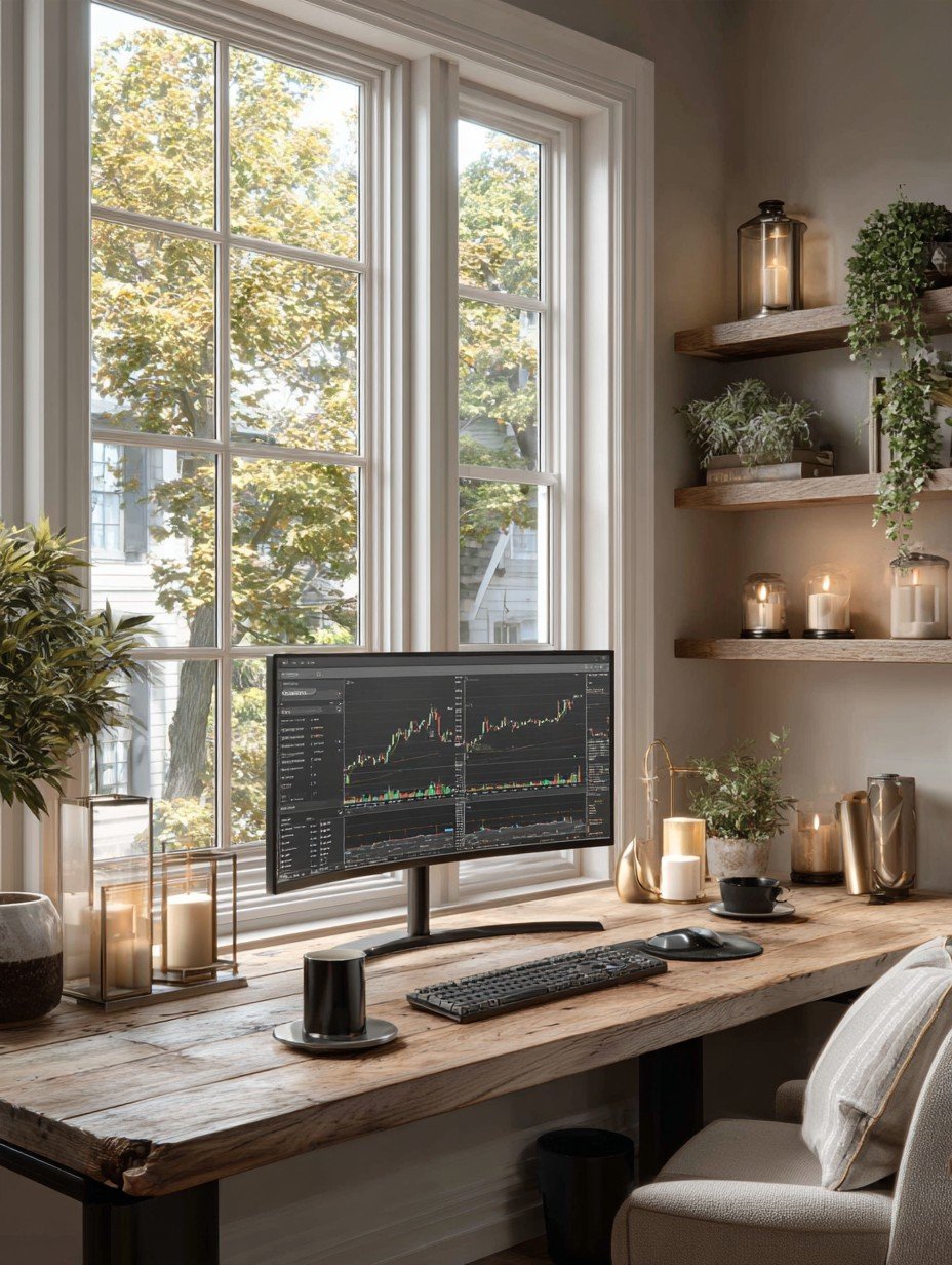 Ultrawide monitor displaying stock charts on a wooden desk in warm daylight