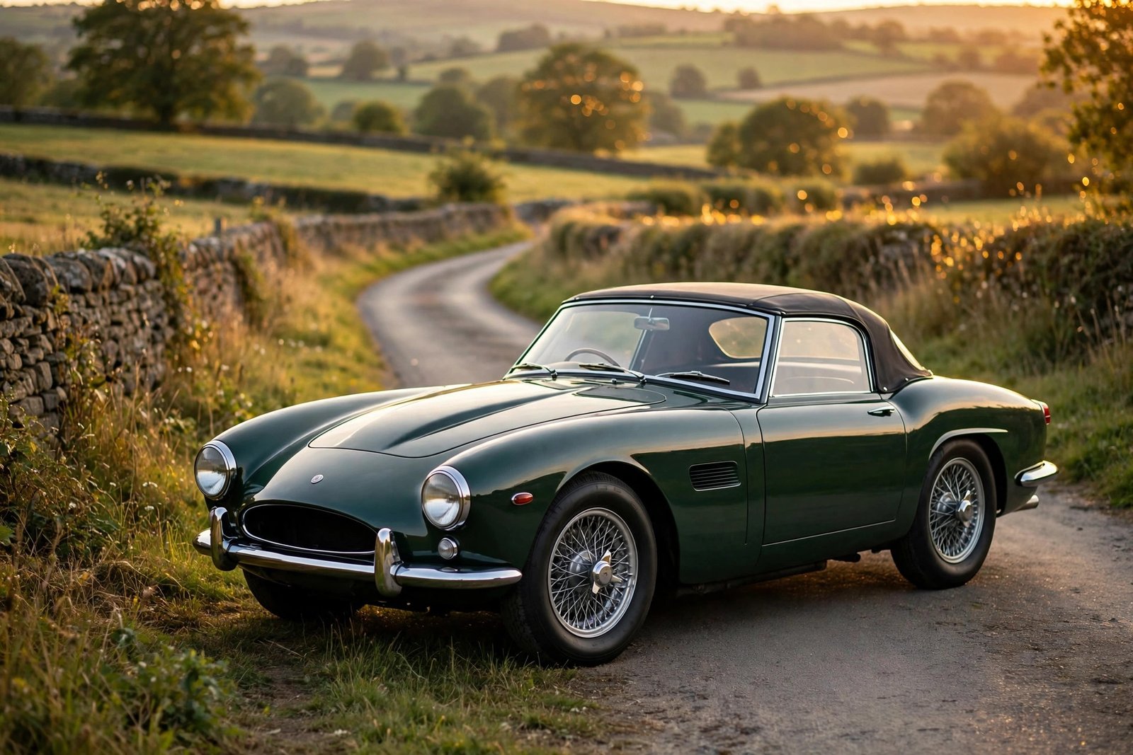 A classic racing-green sports car on a winding country road at golden hour