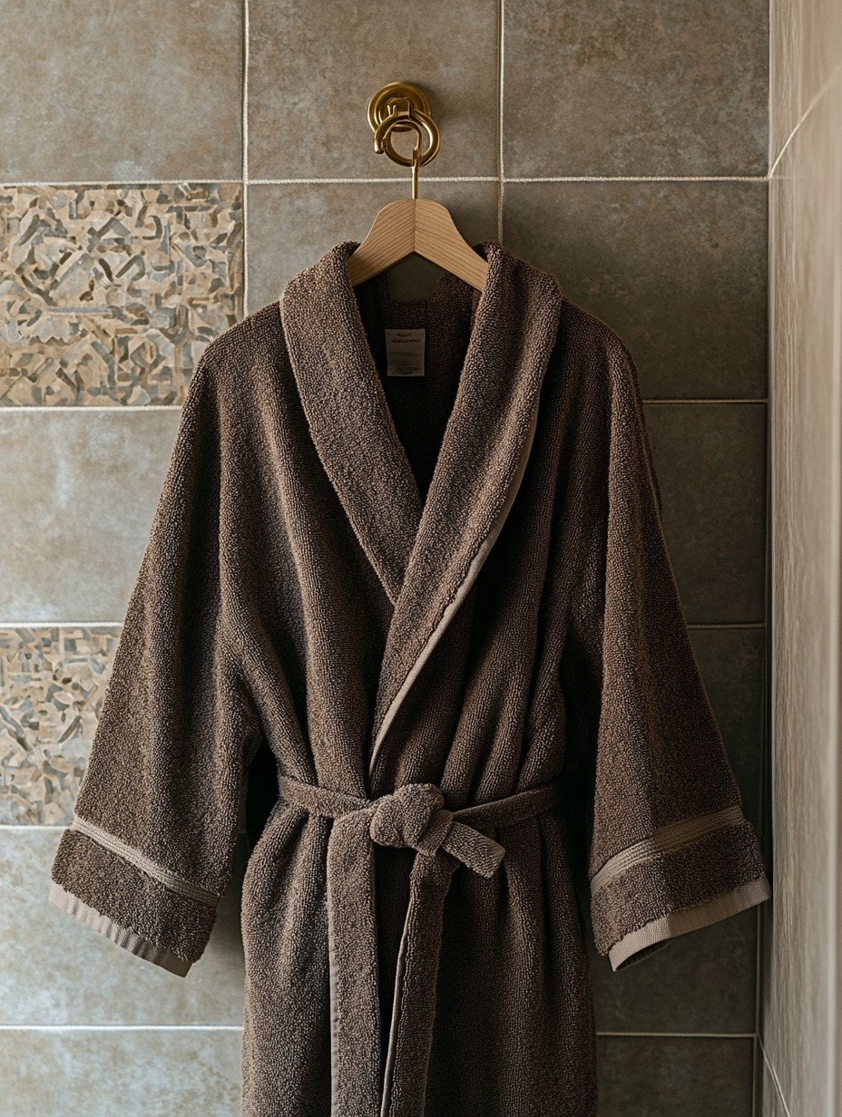 A brown terry bath robe hanging on a brass hook in a tiled bathroom, the uniform of a simple morning routine