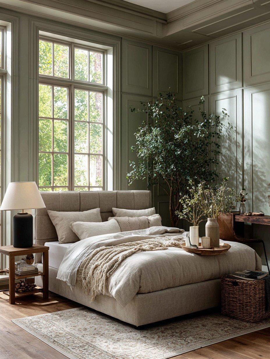 A calm taupe bedroom with morning light through tall windows, layered bedding and a bedside lamp