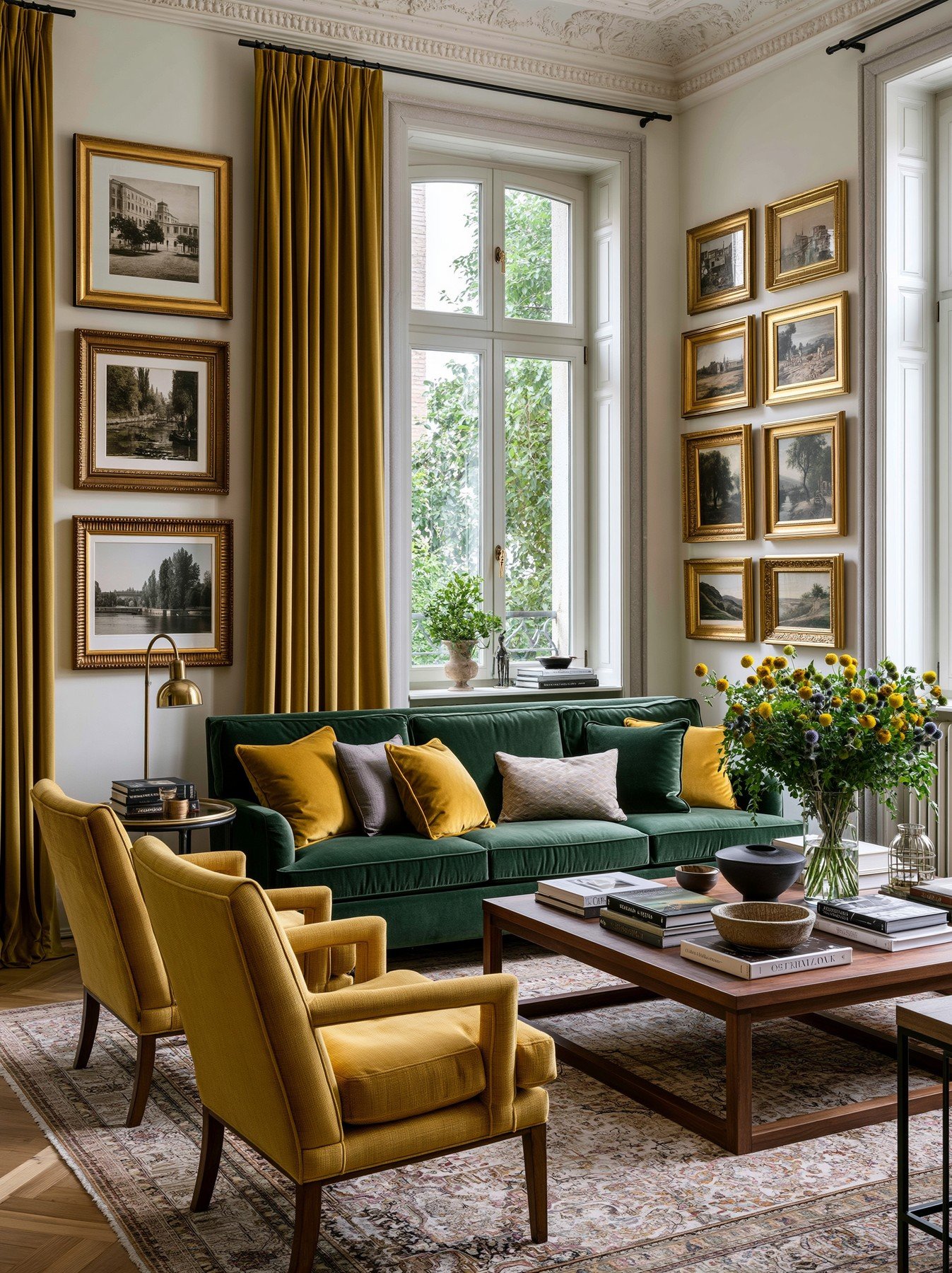 An elegant living room with antique gold-frame gallery walls, velvet seating, and books on the coffee table