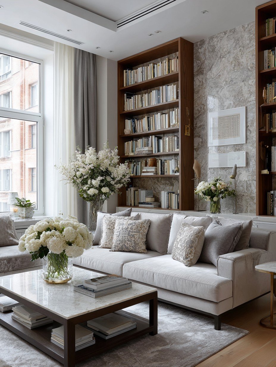 A bright living room with a full wall of bookshelves, a library built from wide reading