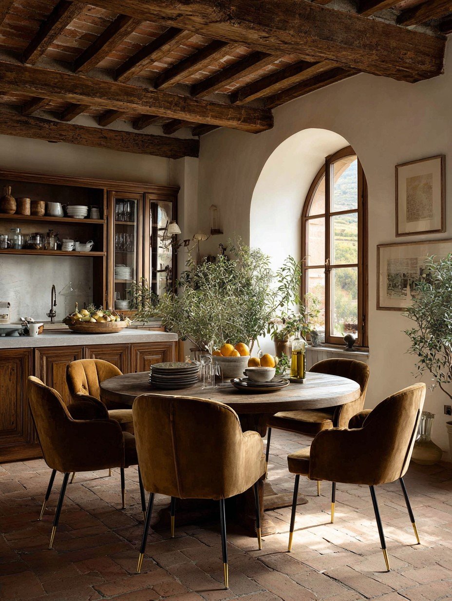 A round wooden table set for a meal in a warm Tuscan-style dining room, a neutral conversation scene