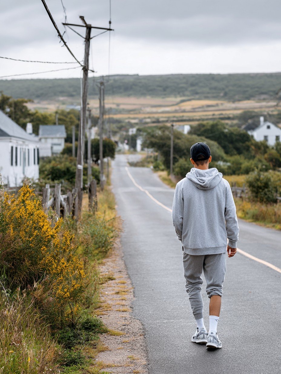 A man in a grey hoodie walking down an open road, seen from behind