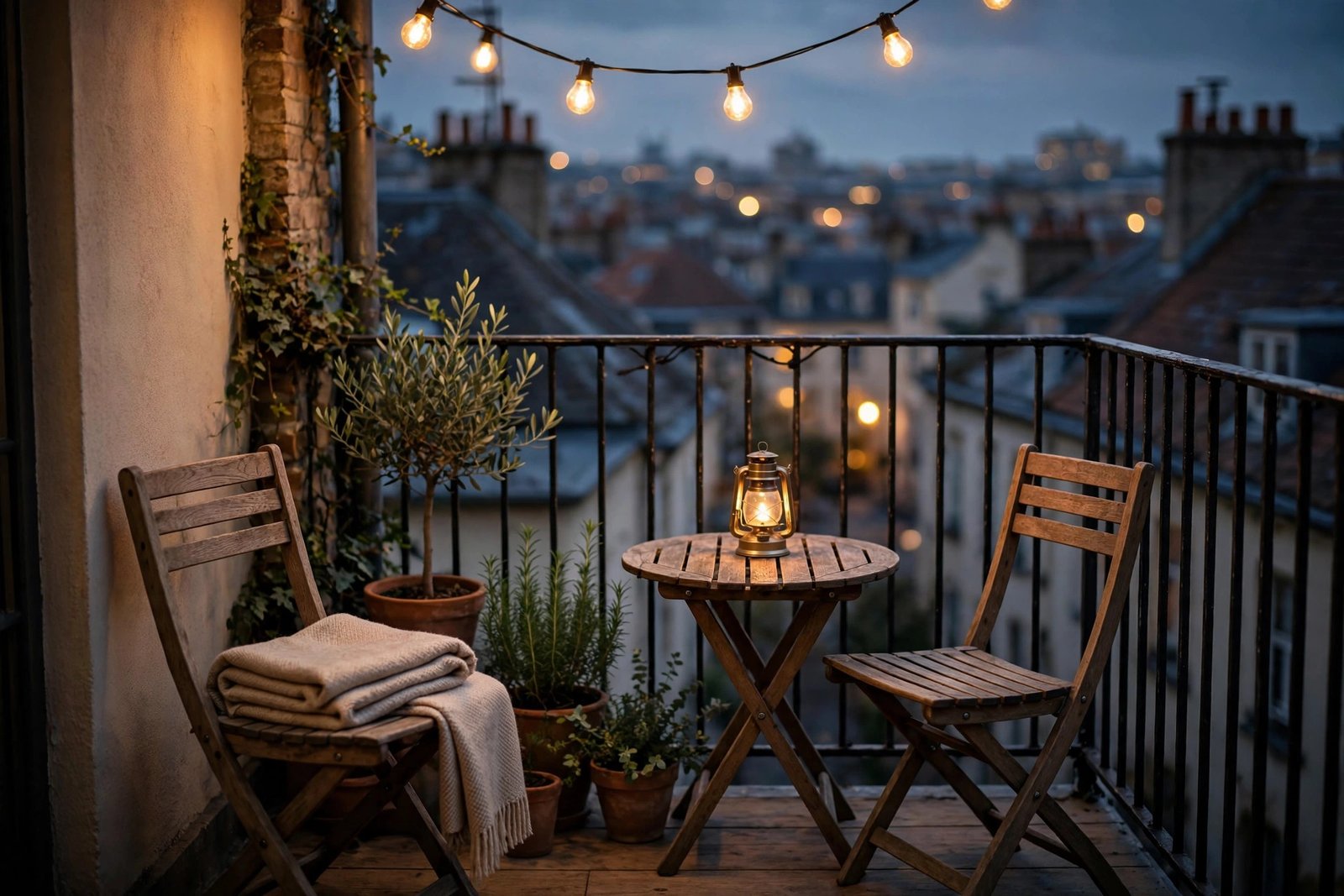 Small styled apartment balcony at dusk with a wooden bistro set, potted olive tree, string lights and a glowing lantern