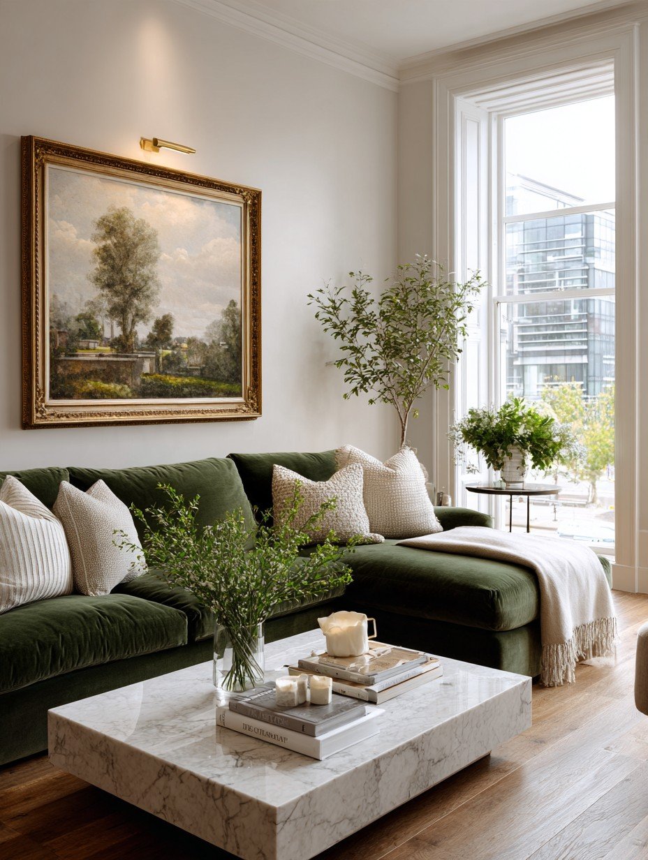 An oversize framed painting with a brass picture light above a styled living room, curation as taste