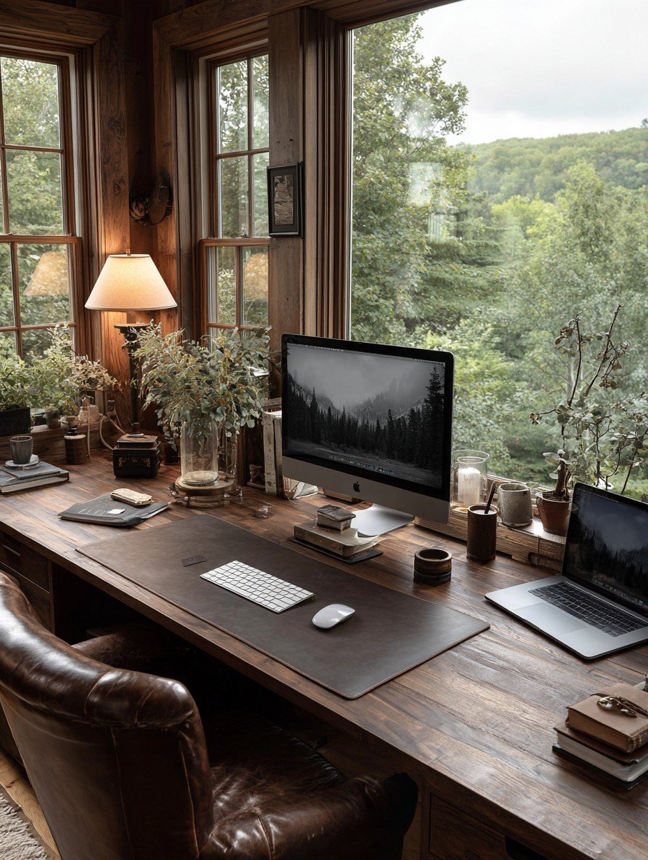 A calm wood-panelled home office with a desk, computer, lamp, and leather desk mat, built for focus