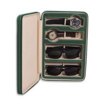 Green travel case holding a watch and sunglasses