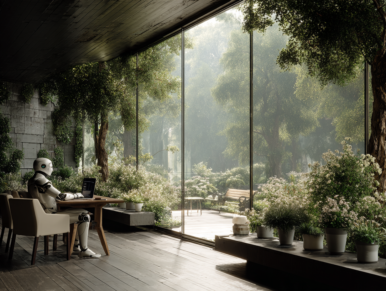 A humanoid robot working on a laptop in a sunlit greenhouse, an image of the agent era