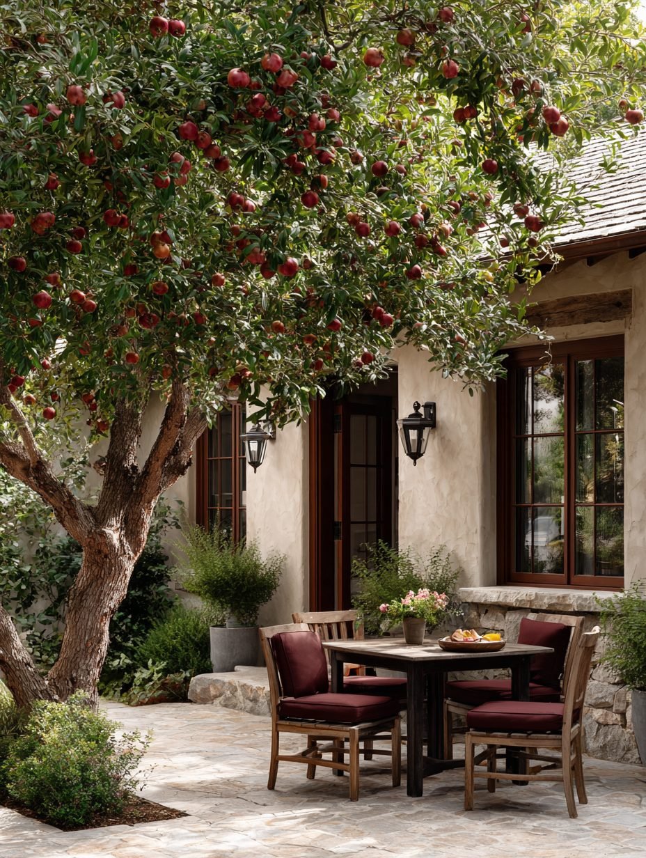 A mature pomegranate tree over a patio