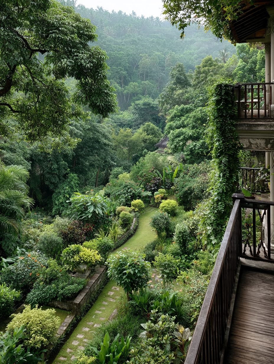 Lush Bali jungle gardens seen from a wooden hotel balcony