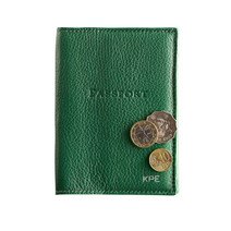 Green pebbled leather passport holder with KPE monogram