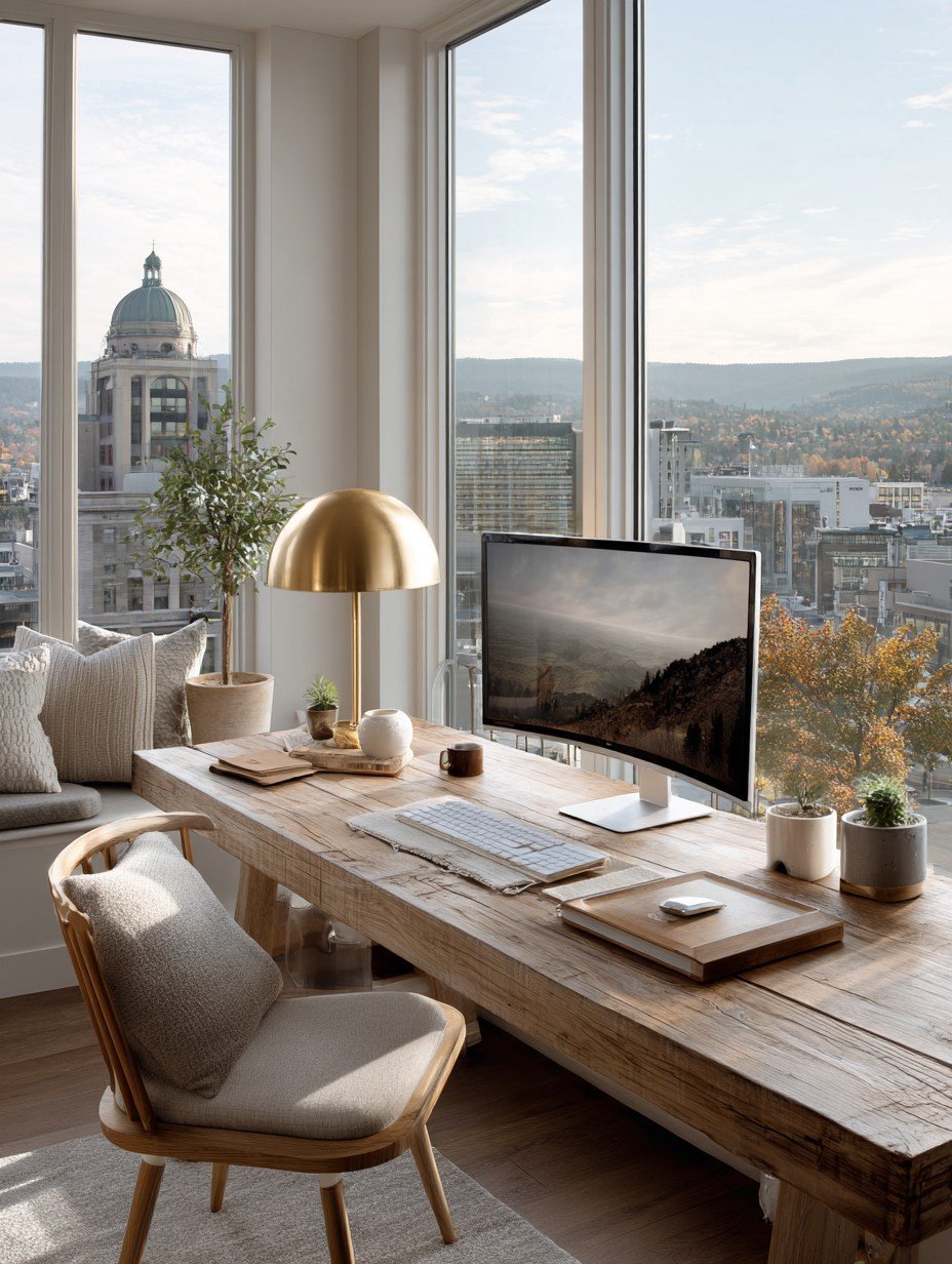 Minimal wooden home office desk with monitor and brass lamp in front of tall city-view windows