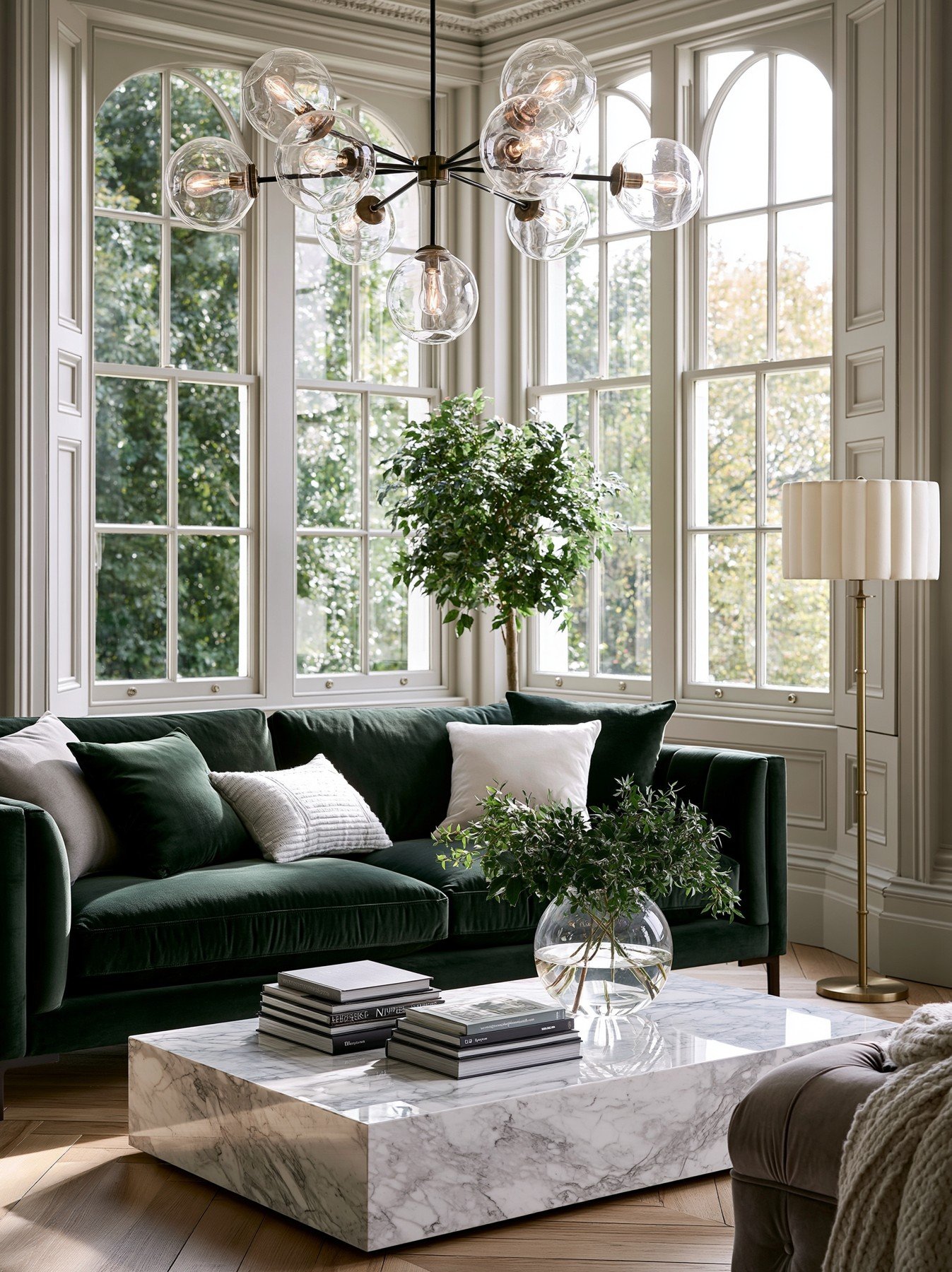 Elegant living room with an emerald velvet sofa, brass floor lamp, marble coffee table stacked with books, and tall windows