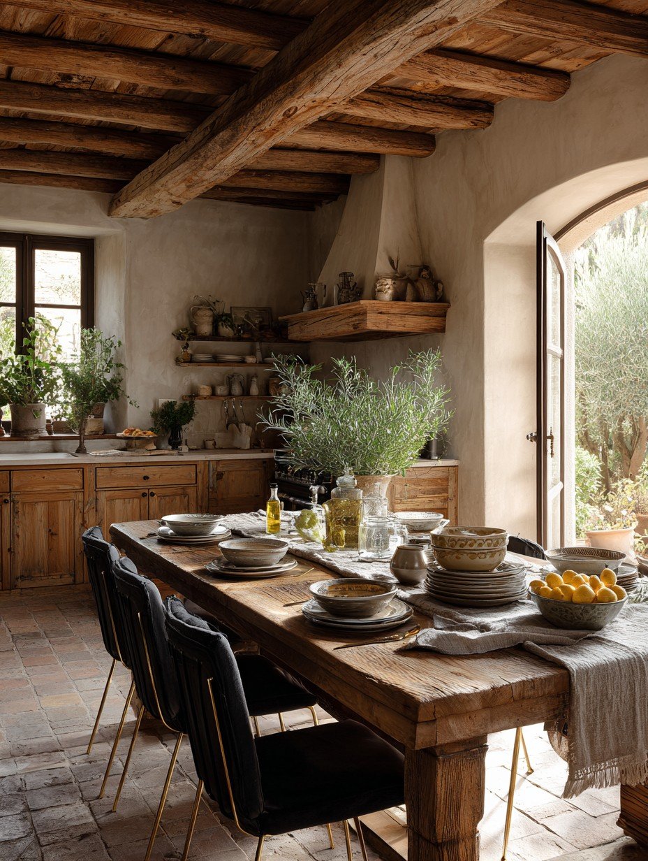 Rustic Tuscany dining table set with bowls, plates, lemons and glassware under wooden beams