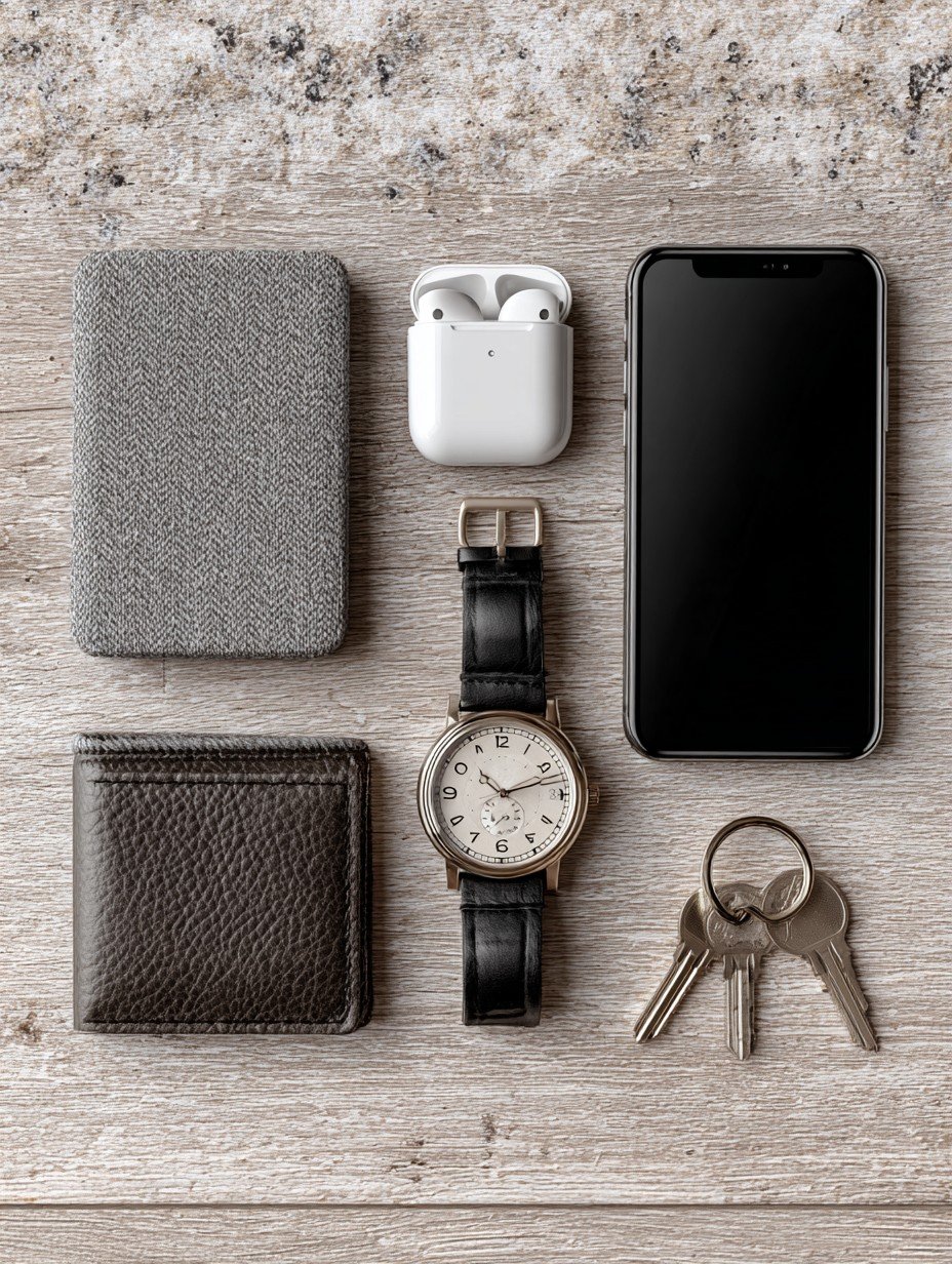 Flat lay of a smartphone with earbuds, wallet, watch and keys arranged in an orderly system on a wooden surface