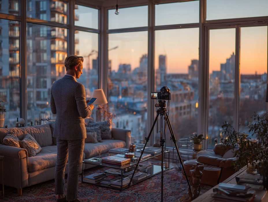 A man filming content in a luxury penthouse