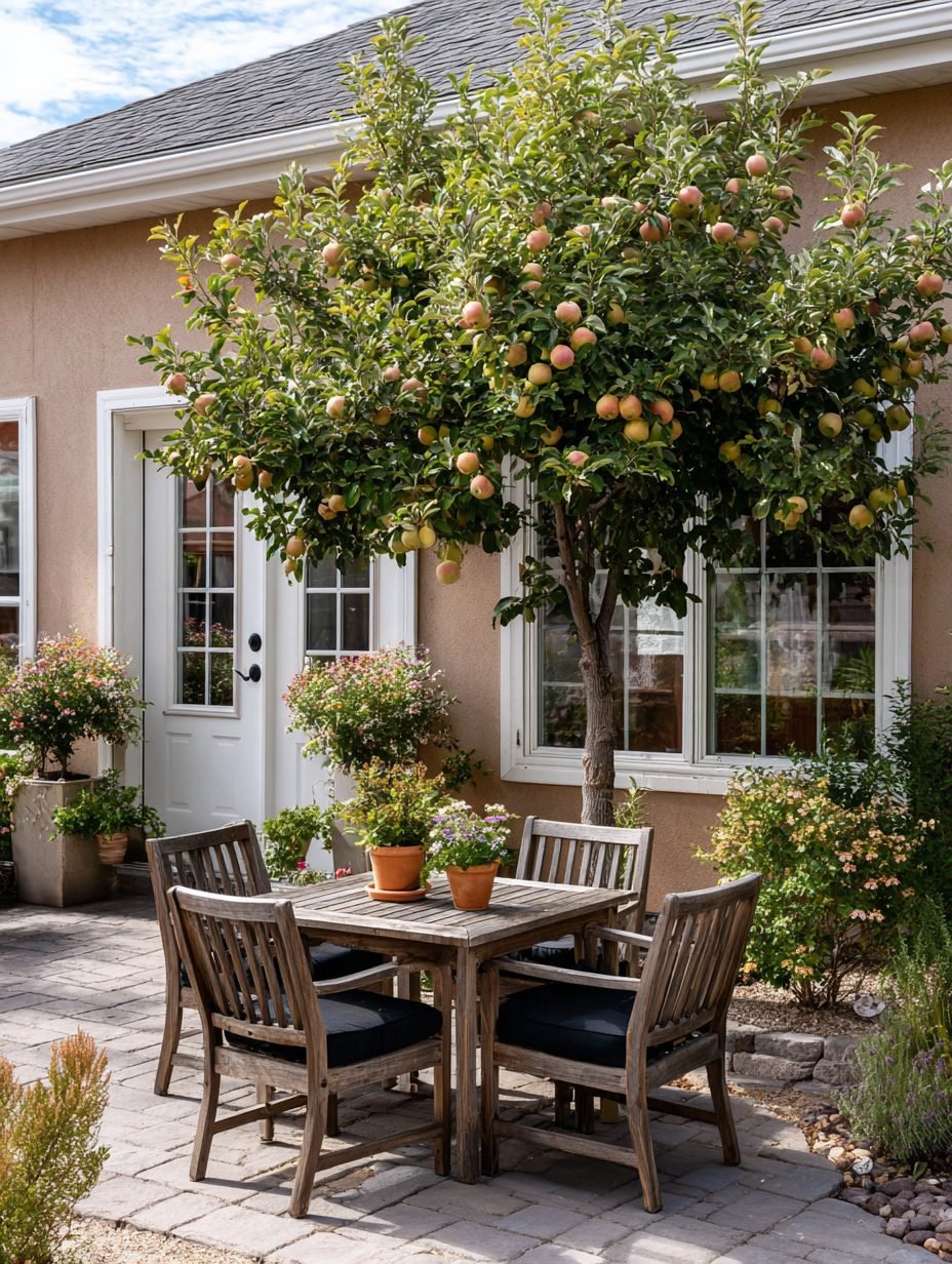 An apple tree laden with fruit beside a patio table