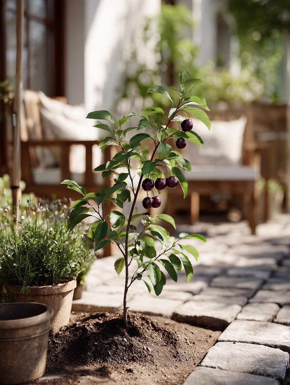 A young cherry tree with dark ripe cherries