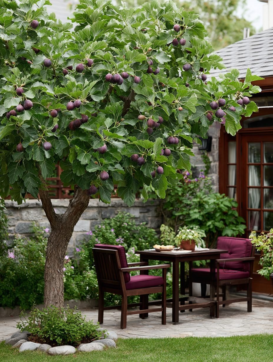 A fig tree covered in ripe dark-purple figs