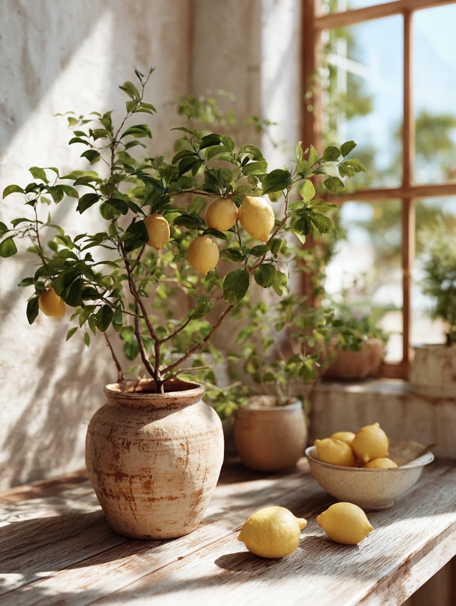 A tabletop lemon tree in a clay pot beside a bowl of harvested lemons