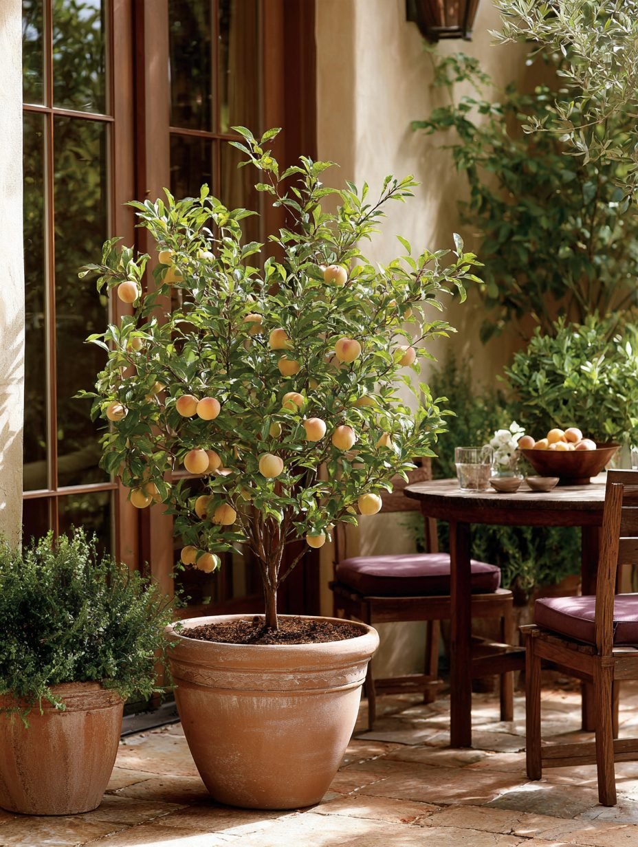A potted peach tree heavy with blush fruit
