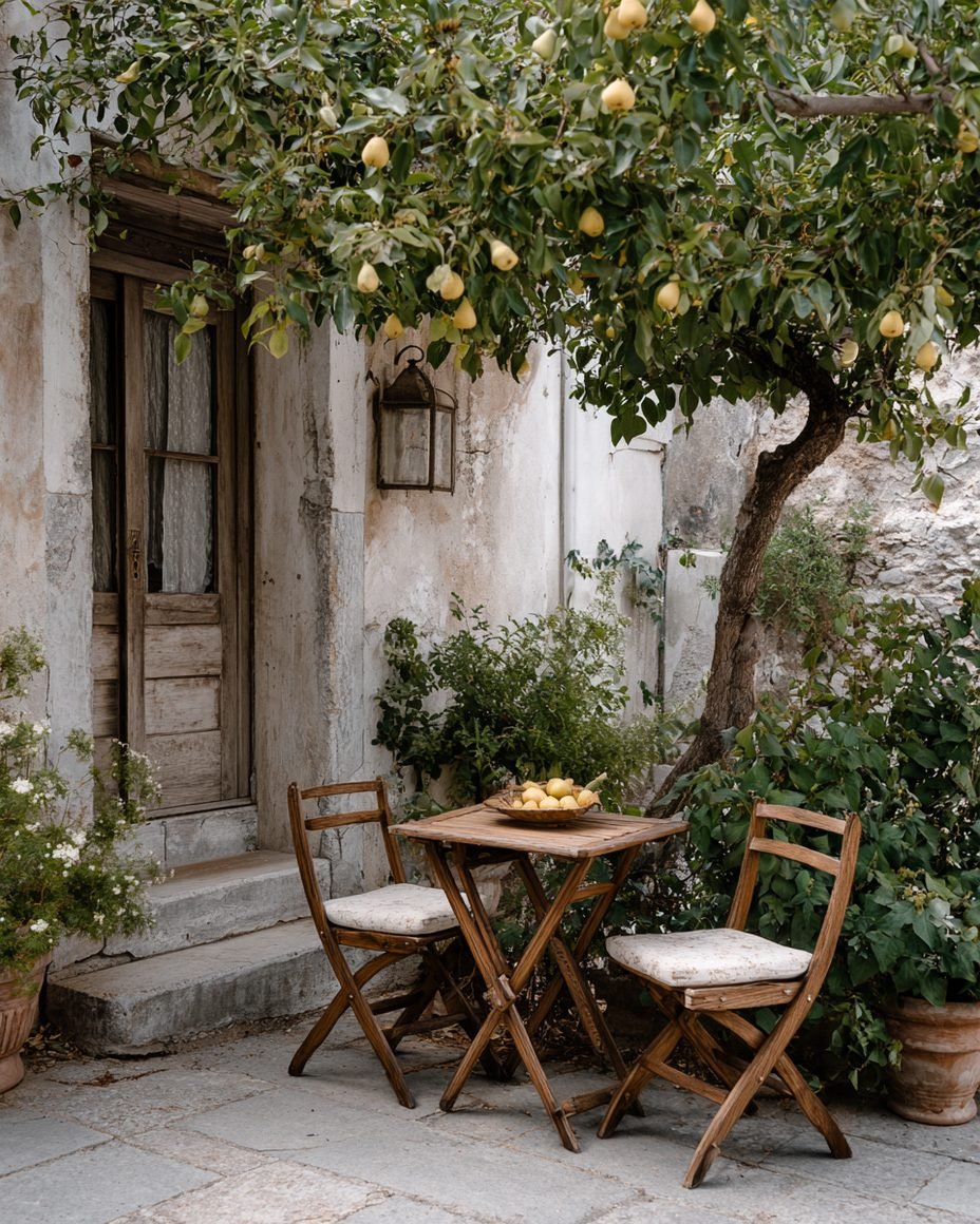 A pear tree heavy with fruit in a Mediterranean courtyard