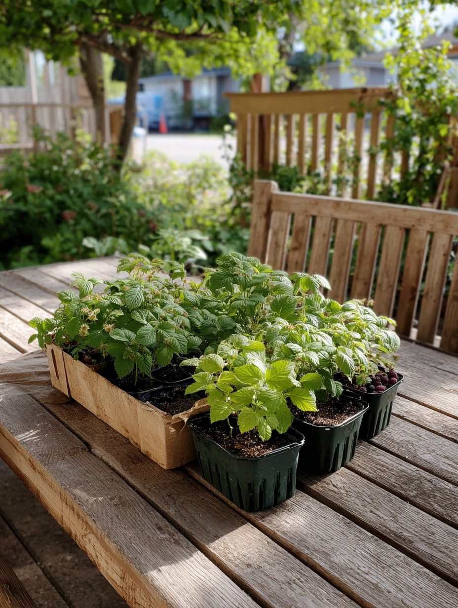 Raspberry seedlings in nursery pots