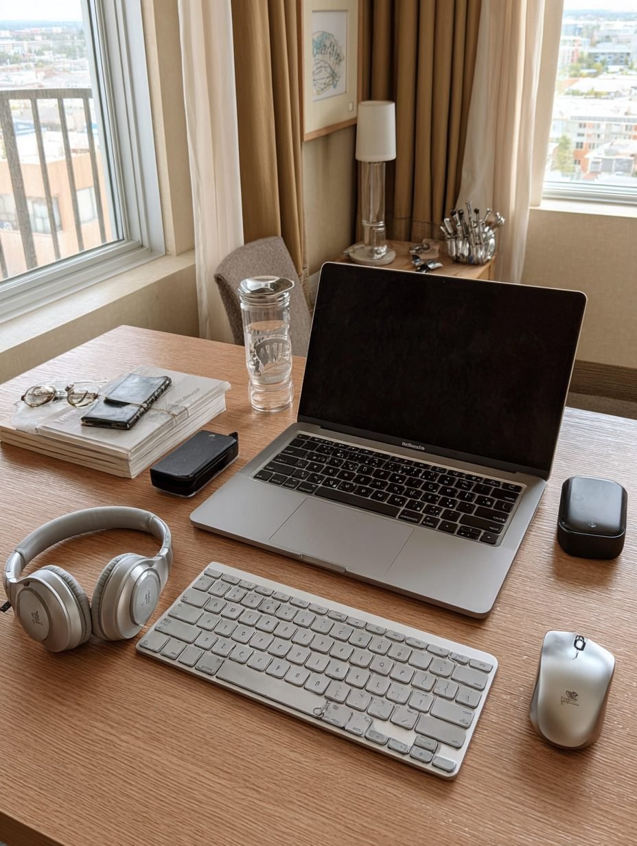 Laptop with compact keyboard, mouse, headphones and water glass on a wooden desk by a window