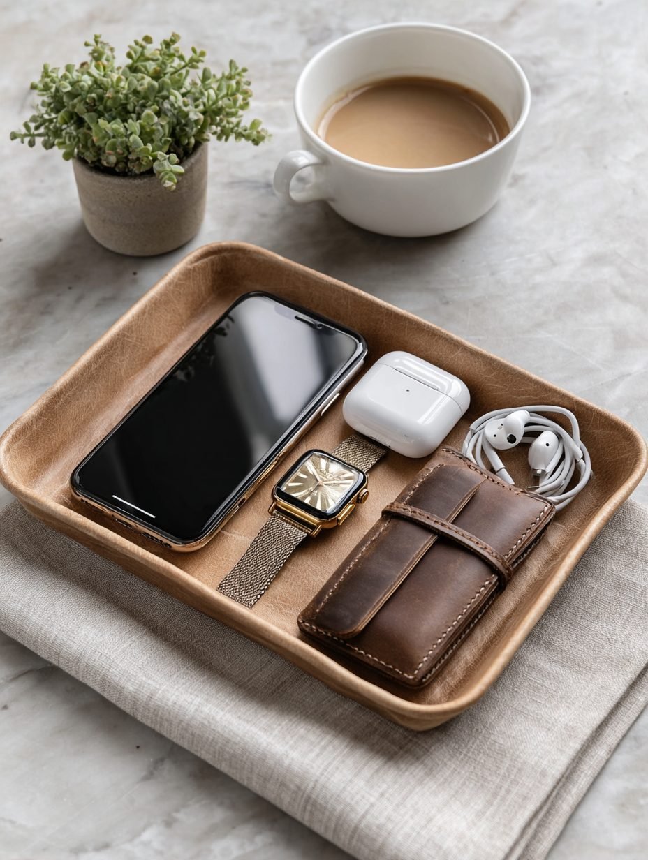 A leather valet tray holding a phone, watch and earbuds