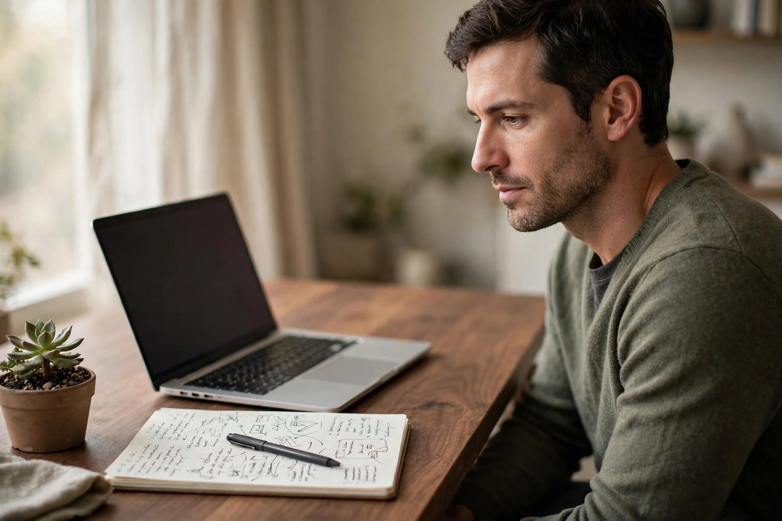 A thoughtful man at a walnut desk with an open laptop beside a handwritten notebook and pen