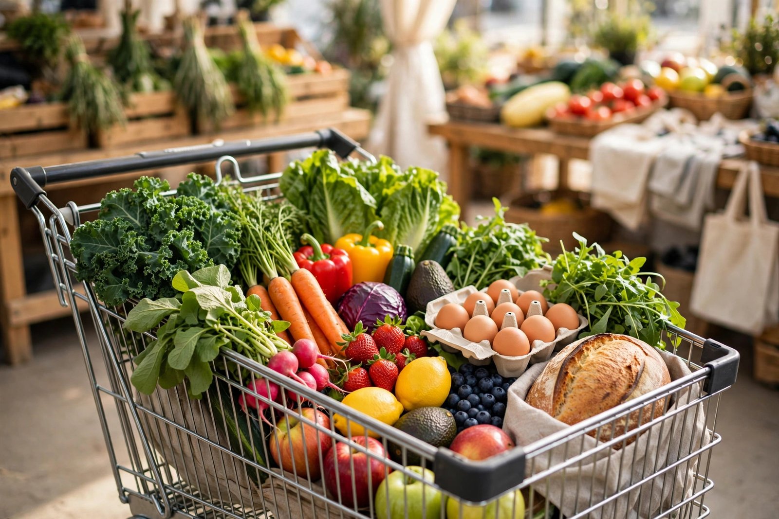 A shopping cart filled with fresh vegetables, fruit, eggs and bread at a bright farmers market