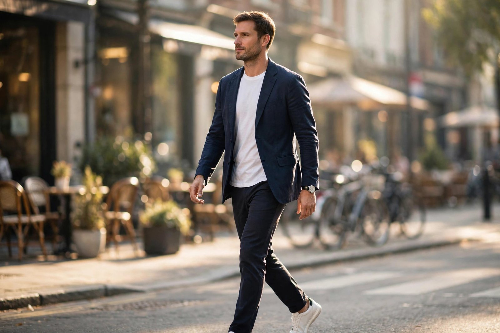 Well-dressed man in a navy blazer and white t-shirt walking down a sunlit city street