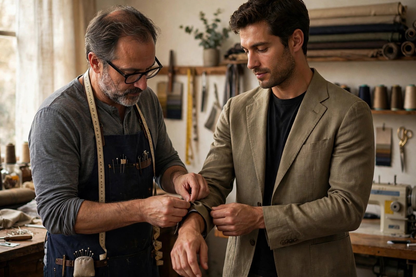 A tailor adjusting the sleeve of a well-fitting blazer in warm atelier light