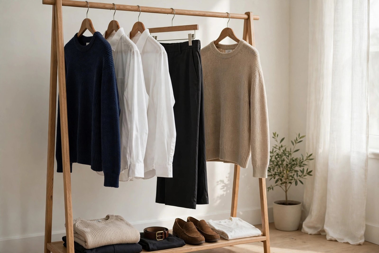 A neat clothing rack of neutral-toned men's essentials in soft daylight