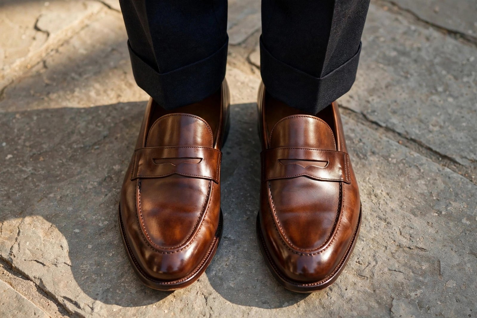 Polished brown leather loafers on a stone floor in warm natural light