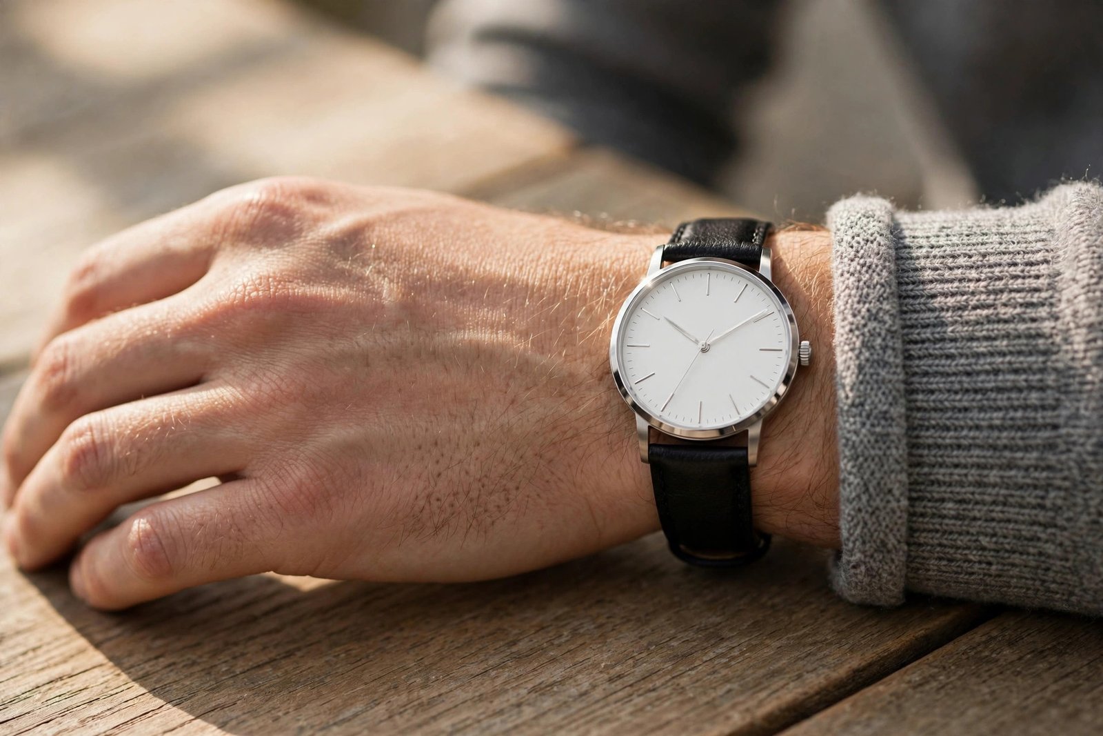 Close-up of a simple classic watch with a leather strap on a man's wrist