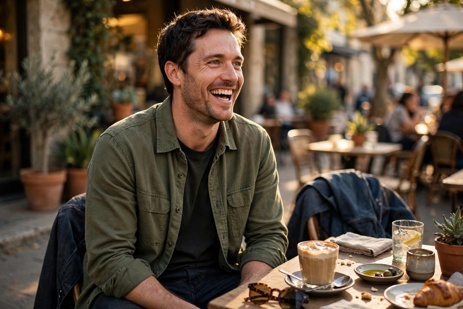 A man laughing naturally at an outdoor cafe in a simple overshirt and jeans