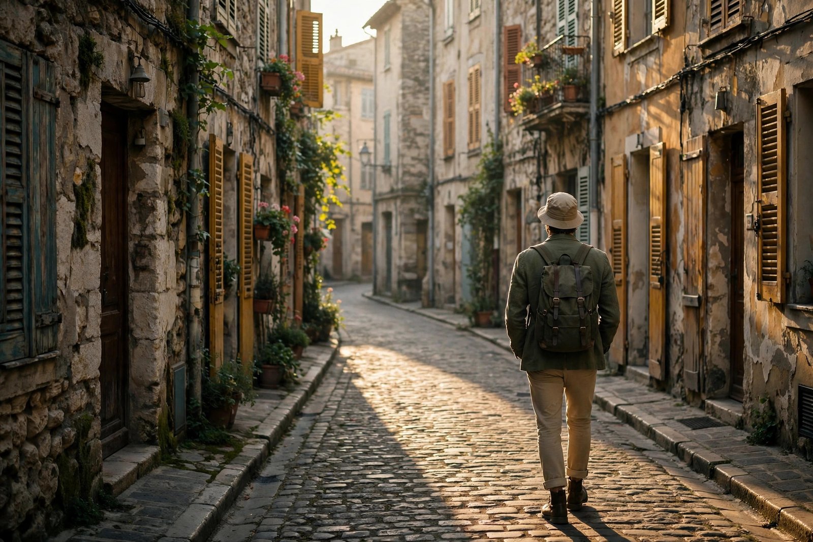 A traveler with a backpack walking through a narrow historic European old-town street in morning light