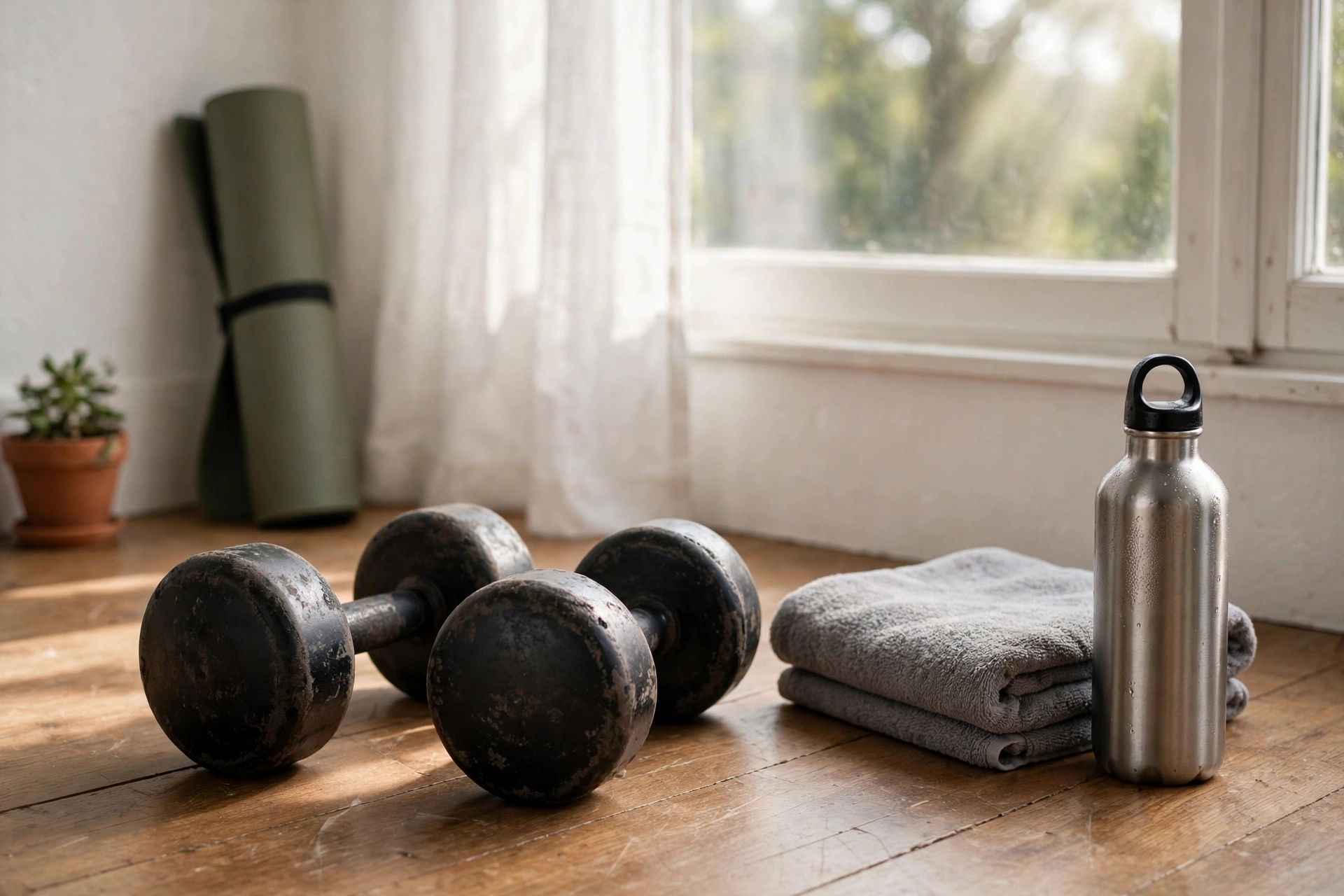 Worn dumbbells, a folded towel and a water bottle on a wooden floor by a bright window with a yoga mat nearby