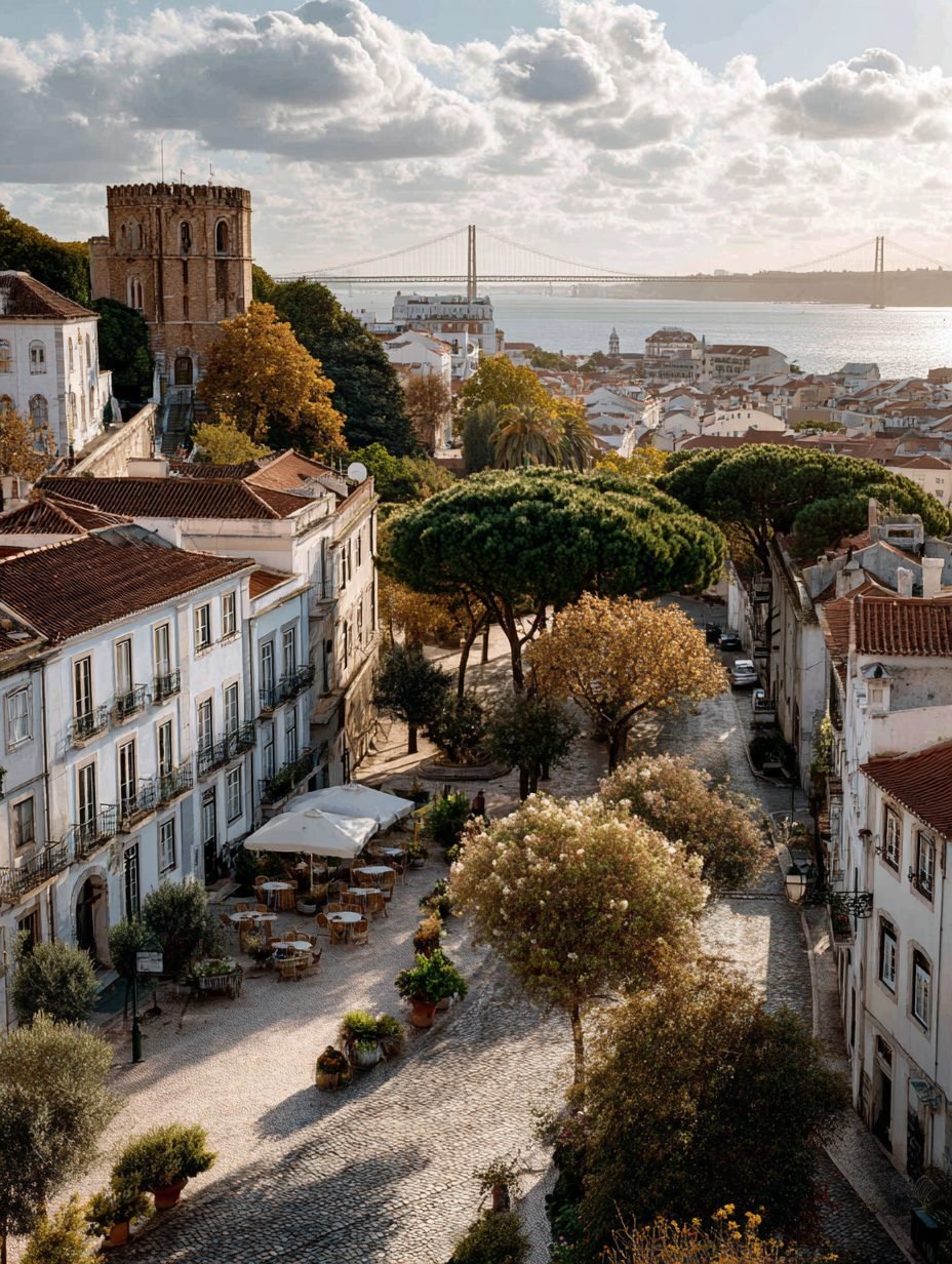 Lisbon's old town with the 25 de Abril Bridge spanning the Tagus