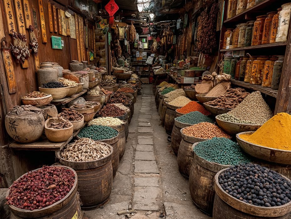 A traditional spice and herb market in China: baskets of spices, apothecary jars, wooden shelves