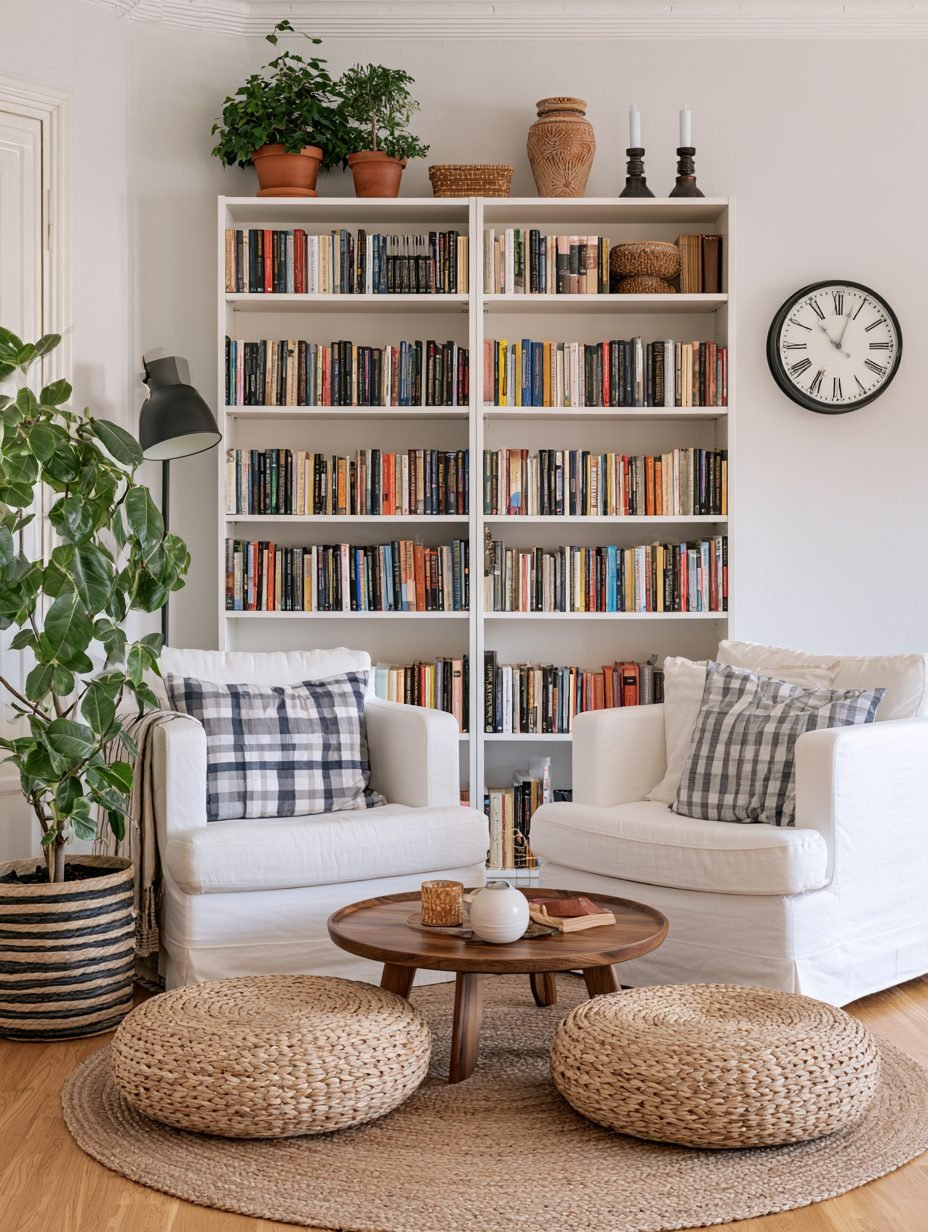 Floor-to-ceiling bookshelves filled with books collected over years